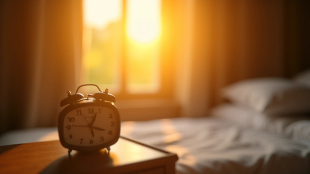Morning light filtering through bedroom window, natural sunlight on wooden nightstand, waking up naturally with daylight