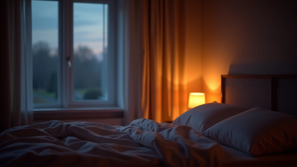 Bedroom with soft warm lighting, comfortable bed with layered bedding, dark curtains, peaceful atmosphere