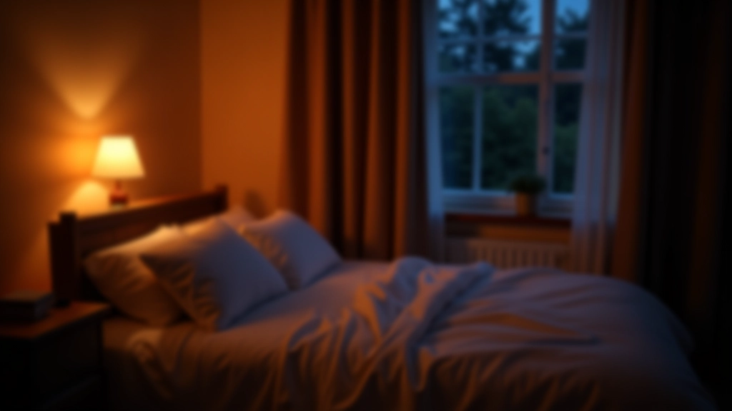 Comfortable bedroom with layered bedding, soft warm lighting, and dark curtains creating a peaceful sleep environment