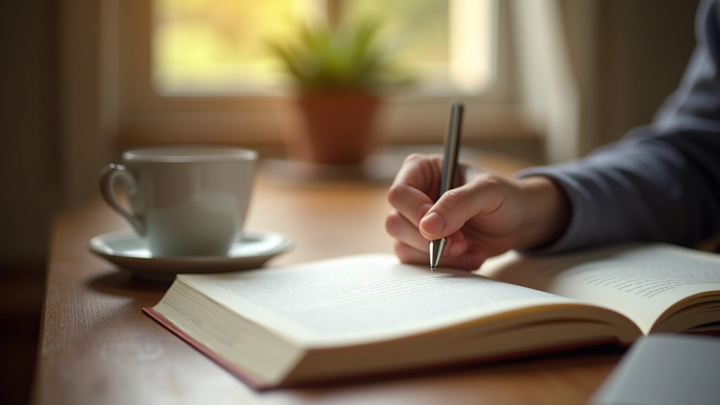 Person writing in a notebook with a warm cup beside them, morning sunlight streaming through window