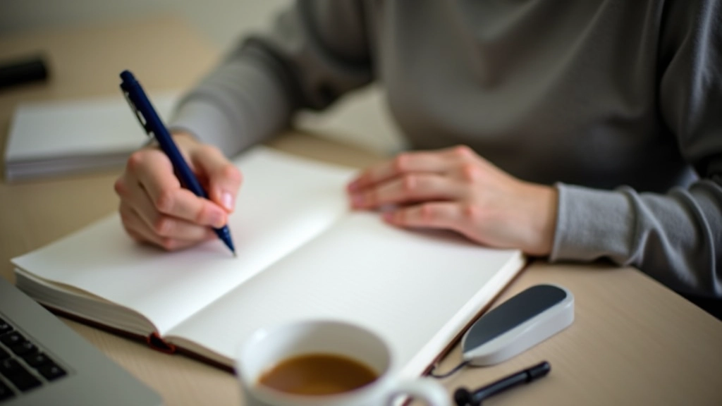 Person writing detailed notes in sleep journal at wooden desk with morning coffee, notebook open with sleep tracking entries