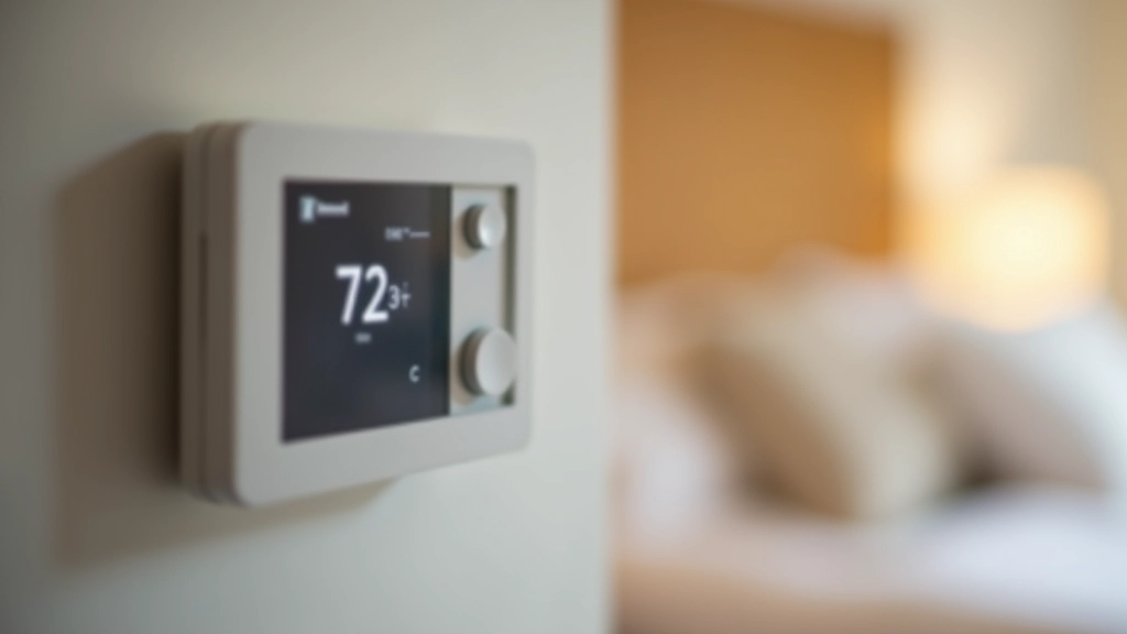 Bedroom thermostat showing optimal temperature for sleep, clean minimalist nightstand with alarm clock and water glass