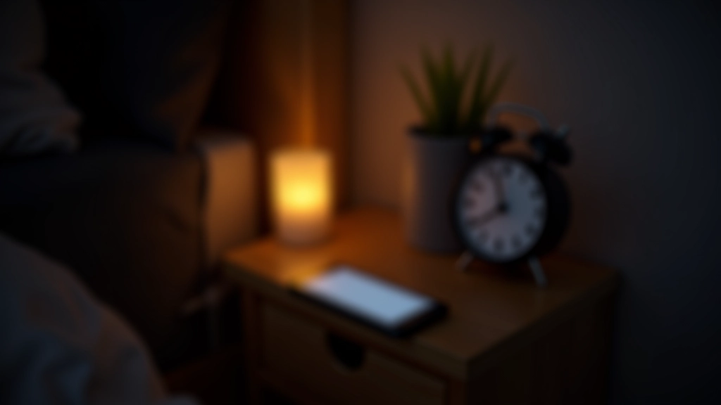 Smartphone on a nightstand with screen dimmed, alarm clock showing time, dark bedroom in background